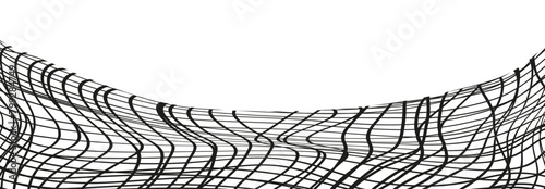 Illustration of a black fishing or football net.Checkered wavy background in doodle style.