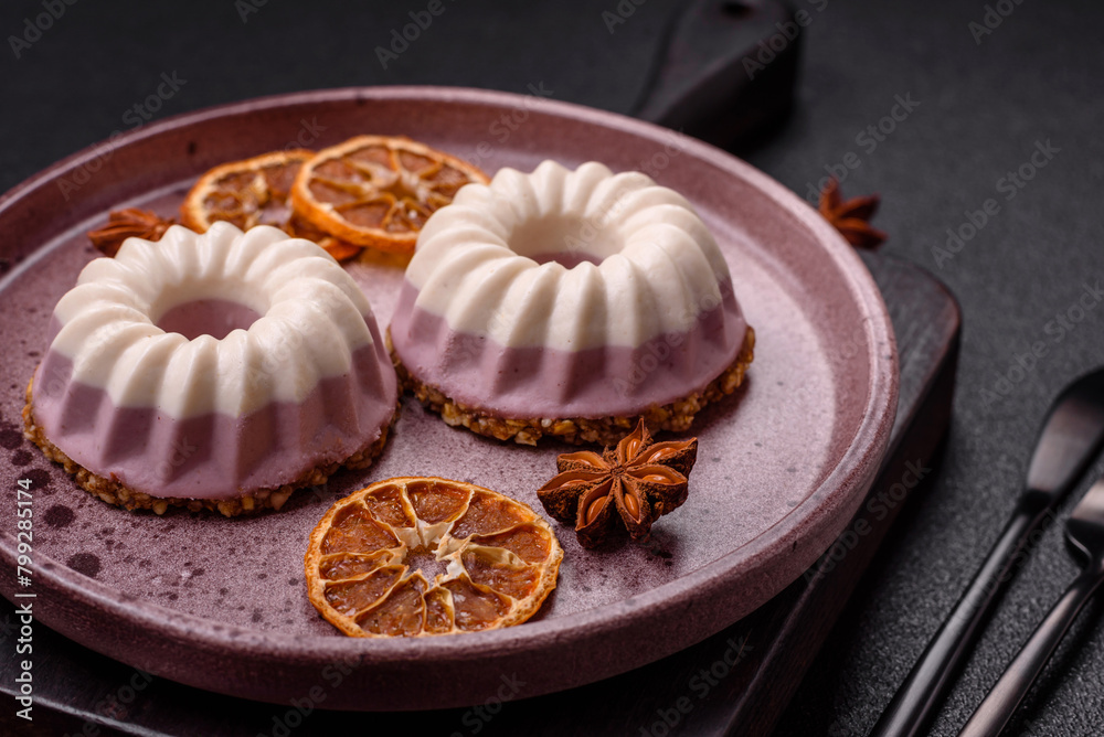 Delicious round pink and white cheesecake lactose-free, sugar-free, healthy nutrition Delicious round pink and white cheesecake lactose-free, sugar-free, healthy nutrition