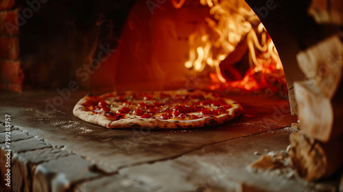 A close-up shot of a freshly baked pizza being pulled out of a traditional brick oven, warm lighting, rustic aesthetic. Ai generated