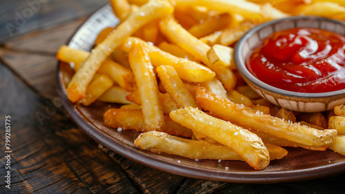 A close-up shot of perfectly seasoned French fries arranged on a vintage-style plate with a dollop of tangy ketchup. Ai generated