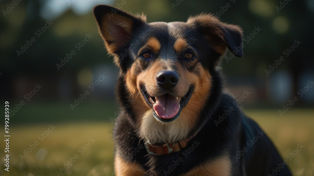 A cheerful dog with bright eyes and a big smile, enjoying a sunny day in the park A cheerful dog with bright eyes and a big smile, enjoying a sunny day in the park