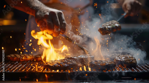 A dynamic shot of a chef expertly grilling pork chops steaks on a flaming barbecue grill, with sparks flying and smoke billowing, showcasing the artistry. Ai generated photo