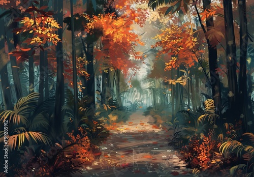 Path to Paradise  Autumn Forest Leading to Tranquil Tropical Setting