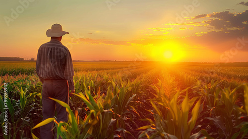 A farmer examining genetically modified cornstalks in a vast agricultural field, with the sunset casting an ethereal glow. Ai generated photo