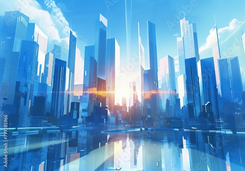 Corporate Skyline: Smart City Financial District with Sun Rays and Blue Background