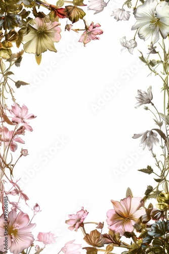 White Background With Pink Flowers and Green Leaves