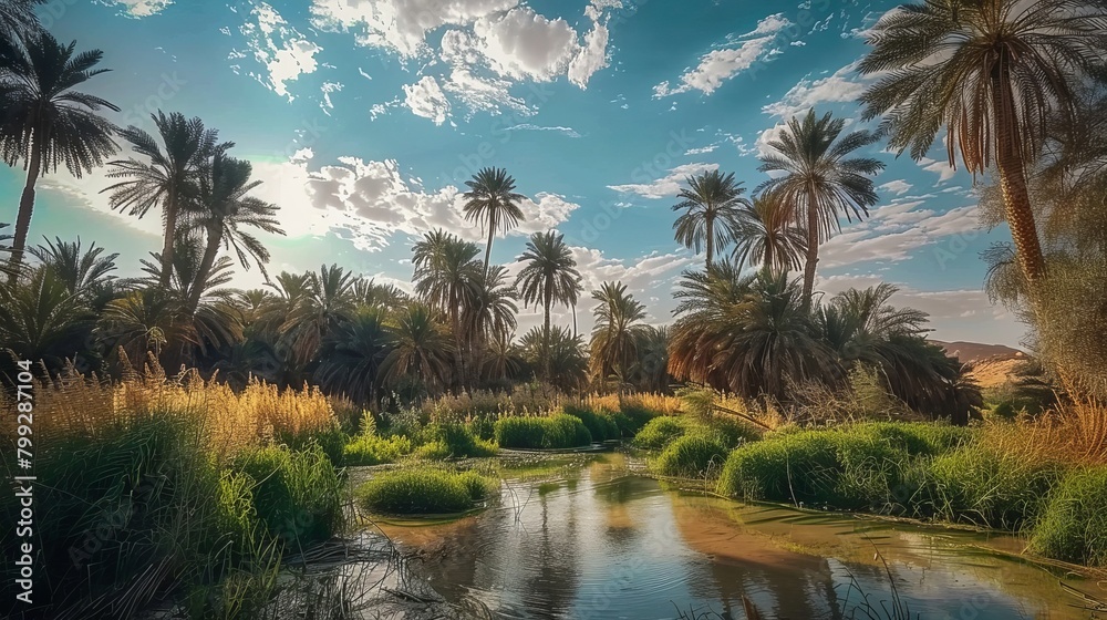 Al Ain Oasis: Wide Angle Shot of Lush Greenery and Palm Trees Under Clear Sky