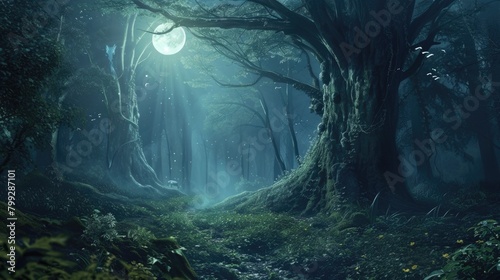 A captivating digital artwork of an enchanted forest bathed in moonlight, with magical glows and sparkling light among ancient trees. Resplendent.