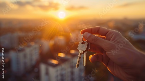 A hand holding the keys to a new apartment in the city against sunset light