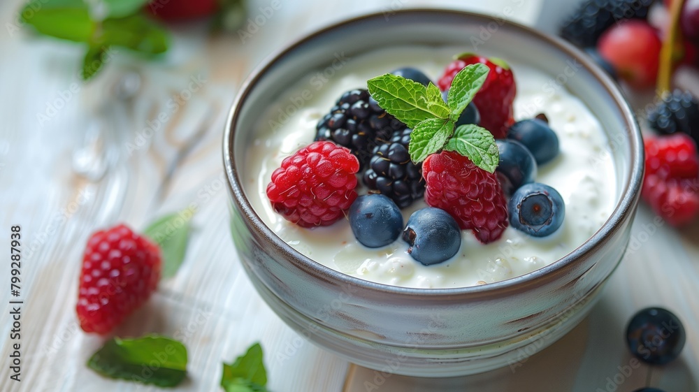Yogurt bowl topped with fresh berries and mint. Yogurt bowl topped with fresh berries and mint.