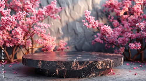 Botanical Oasis with Cherry Blossoms Flourishing on a Luxurious Stone Podium