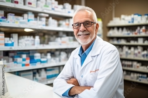 Mature Caucasian pharmacist stands in medical robe smiling in pharmacy shop full of medicines