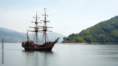 Pirate ship with lowered sails drifts on azure sea during calm arriving to hilly coast