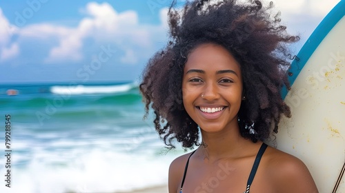 The combination of her sun-kissed skin, radiant smile, and flowing locks makes this surfer woman an absolute vision on the beach, turning heads wherever she goes. photo