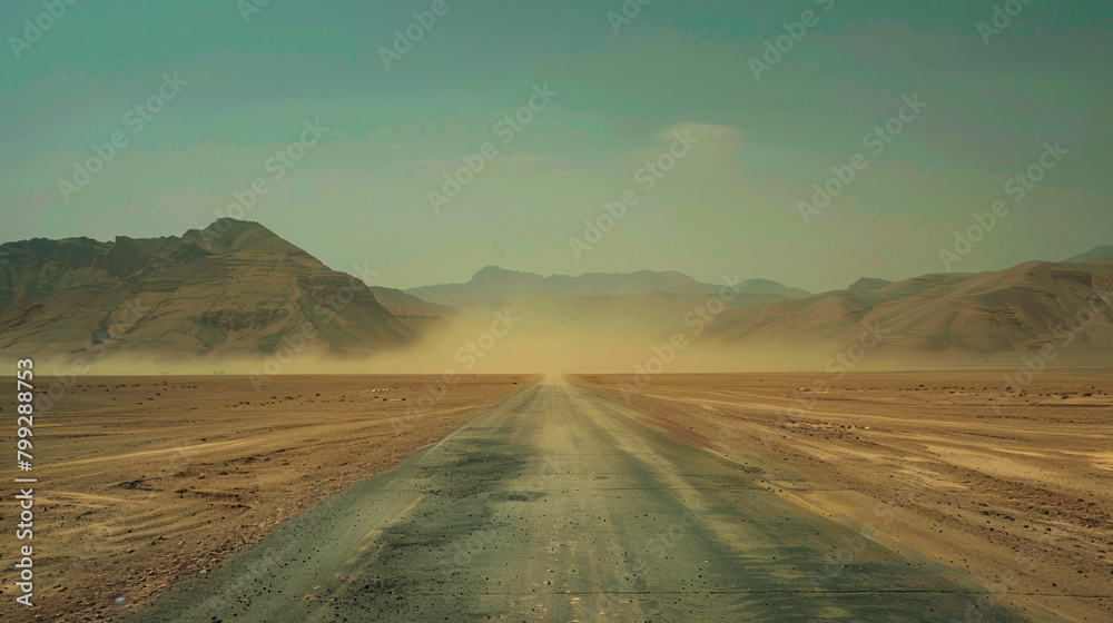 Long Desert Road Leading to Mountains with Dust Haze and Heat Mirage