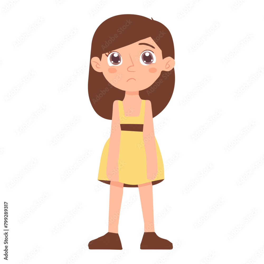 Sad girl, depressed girl looks lonely.Illustration of a sad child, helpless.Vector flat illustration