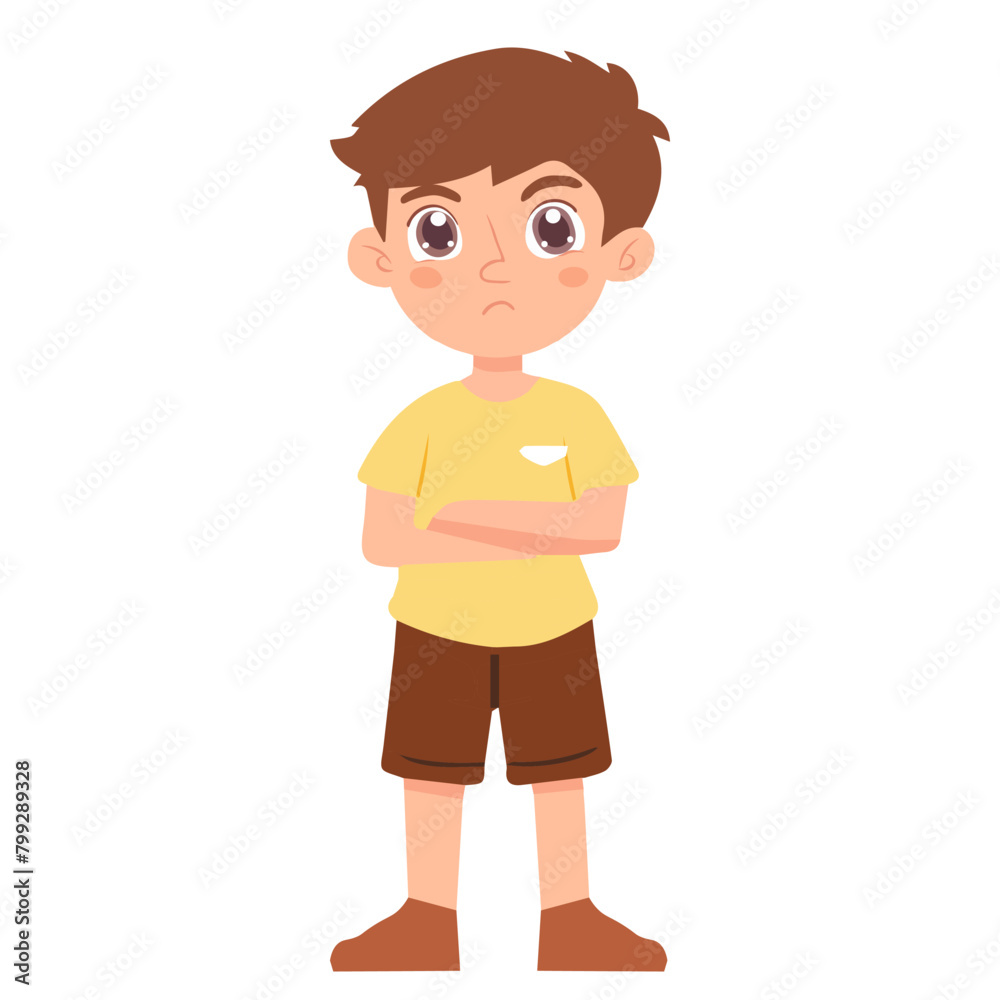 Angry child. A boy in a yellow shirt expresses anger. Excitement and frowning. Cartoon characters, vector illustration isolated on white background.
