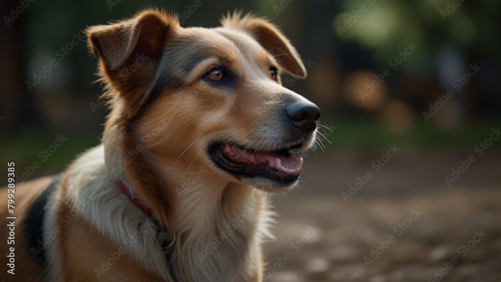 A cheerful dog enjoying the outdoors, with sunlight illuminating its fur as it runs happily