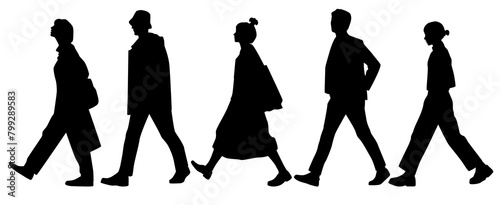 Vector silhouettes of  men and a women, a group of walking   business people, profile, black  color isolated on white background