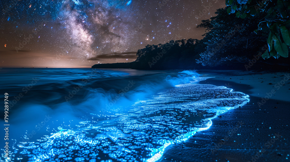 Bioluminescent Tide on a Tropical Beach under Starry Night Sky