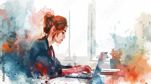 Frau Laptop Mädchen Arbeiten Student Business Büro Arbeiterin Vektor Wasserfarben photo