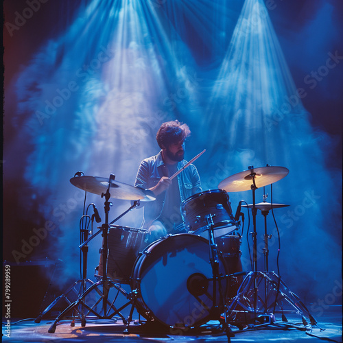Drummer, playing live, on stage