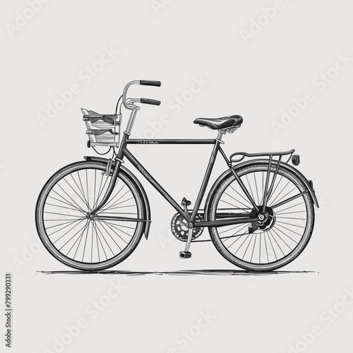 Bicycle vector pencil ink sketch drawing, black and white, monochrome engraving style