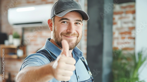 Professional technician in overalls smiles and shows a thumbs up against the background of a brick light wall. Maintenance and repair of air conditioners in the office. Copy space for text.