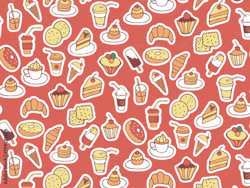 Seamless pattern of food and drink, fast food, sweets, cookies, coffee. Hand drawn vector colorful doodles in flat style. Seamless pattern of food and drink, fast food, sweets, cookies, coffee. Hand drawn vector colorful doodles in flat style.