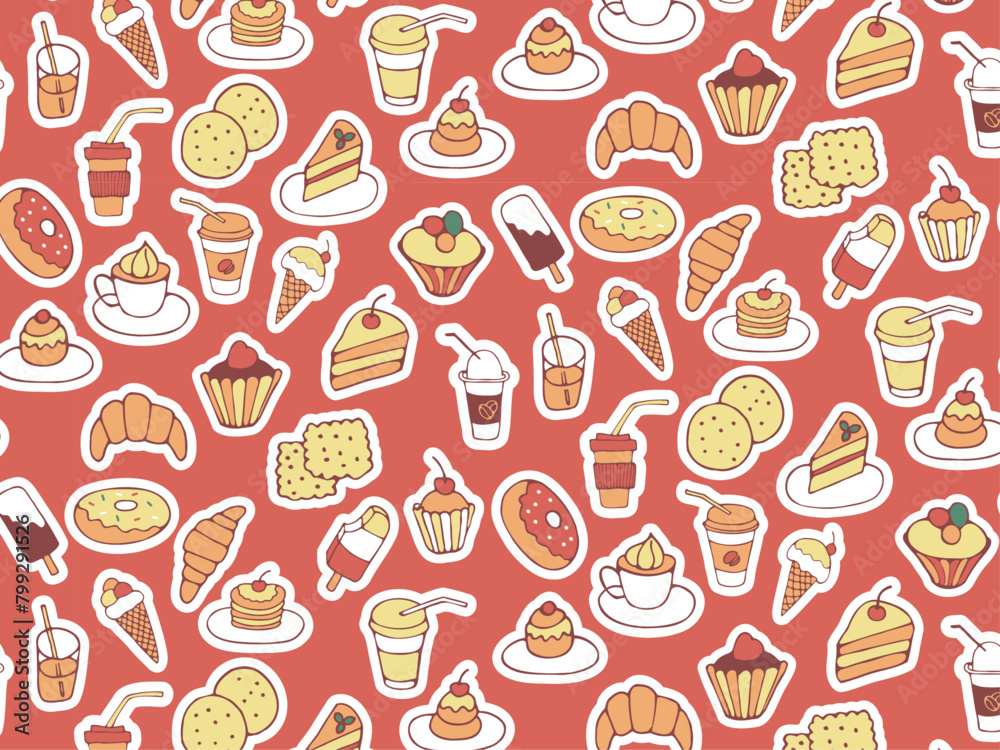 Seamless pattern of food and drink, fast food, sweets, cookies, coffee. Hand drawn vector colorful doodles in flat style.