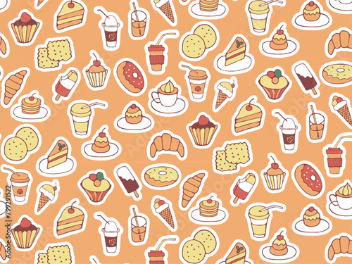 Seamless pattern of food and drink  fast food  sweets  cookies  coffee. Hand drawn vector colorful doodles in flat style.