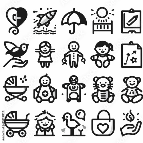 outline child care icon set silhouette vector illustration white background. Set of line icons related to child care  international children day  kid rights  parenthood
