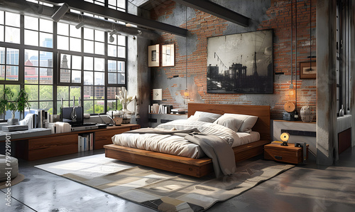 Bedroom decoration home interior design Industrial Rustic style with Exposed Brick Wall decorated with Metal and Wood material. 