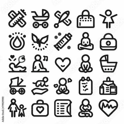 outline child care icon set silhouette vector illustration white background. Set of line icons related to child care  international children day  kid rights  parenthood