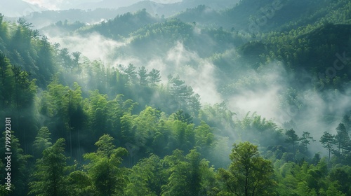 Morning mist settling on dense, green bamboo forest for tranquil scenes photo