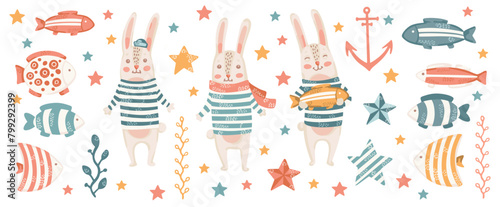 Cute baby rabbits hares sailor in a striped vest with cartoon fishes on the sea and nautical. Vector watercolor illustration. Set with animals for kids collection, postcards, nursery decoration.Set 1