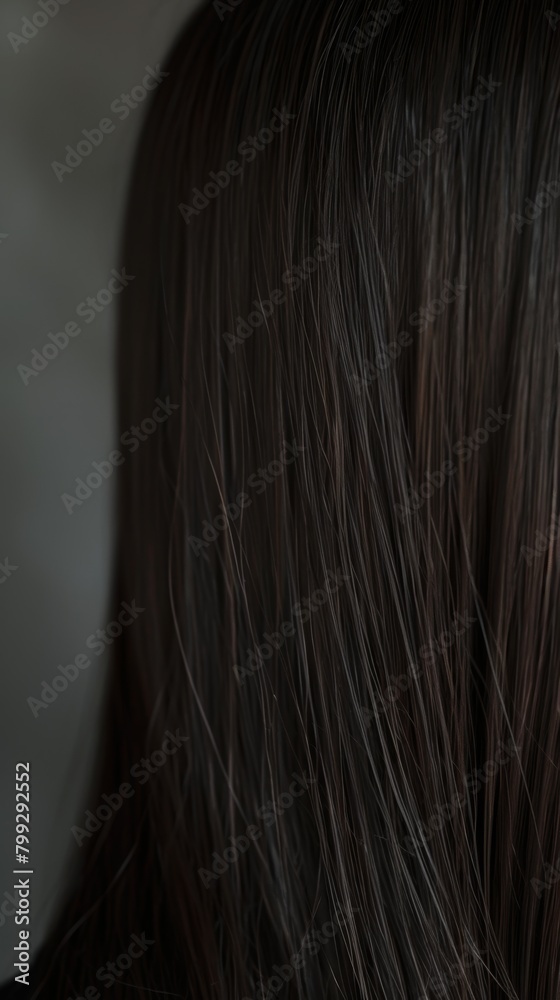 Background, smooth texture, brown color, hair style, extension, zoom, hair coloring, and beauty salon shampoo cosmetics. Closeup brunette long haircut, shiny wig and head