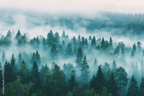 dense forest landscape at dawn, light mist, soft focus