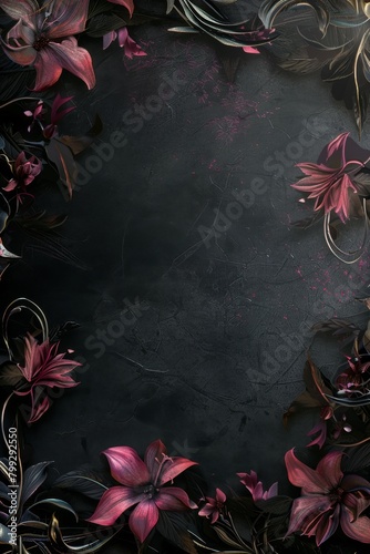 Black Background With Pink Flowers and Vines