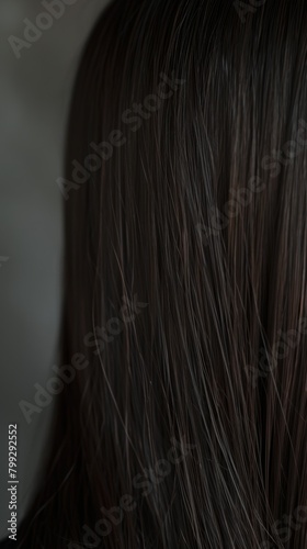 Background, smooth texture, brown color, hair style, extension, zoom, hair coloring, and beauty salon shampoo cosmetics. Closeup brunette long haircut, shiny wig and head