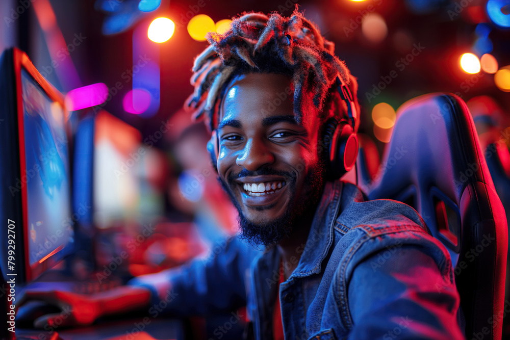 happy black male teenage esports player gamer playing on esports competitions in arena happy black male teenage esports player gamer playing on esports competitions in arena