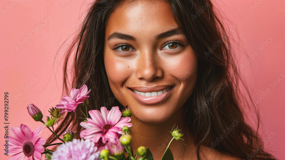 Close-up portrait of a beautiful young woman smiling and holding flowers isolated over pink background Close-up portrait of a beautiful young woman smiling and holding flowers isolated over pink background