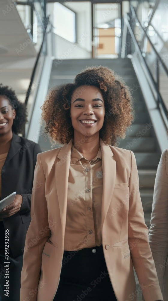 Fototapeta premium Workplace meetings, office walks, and businesspeople on stairs for planning, strategy, and talk. Teamwork, corporate workplace, and happy workers with records and reports