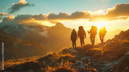 Group of hikers hiking in the mountains at sunset. Hikers on the trail