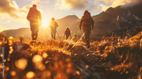 Group of hikers hiking in the mountains at sunset. Hikers on the trail photo