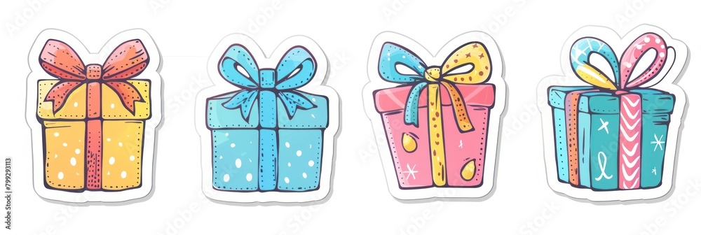 Colored stickers and drawings of a cartoon gift box icon for holiday and birthday celebrations. Colored stickers and drawings of a cartoon gift box icon for holiday and birthday celebrations.