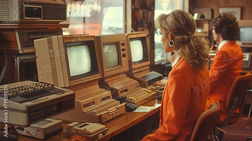 Two women in orange suits working on early desktop computers in the 1980s photo