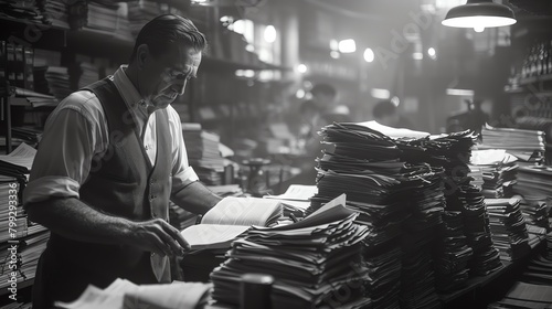 A black and white photo of a man looking through a stack of papers.