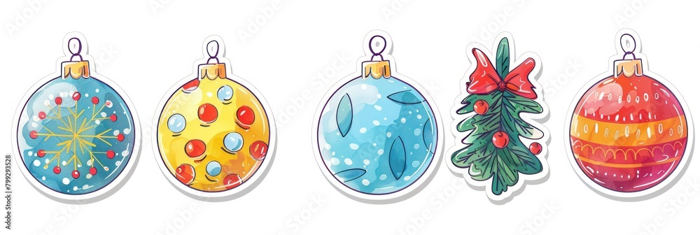 Colored stickers and drawings of cartoon Christmas tree balls for holiday decorations and festive clipart.