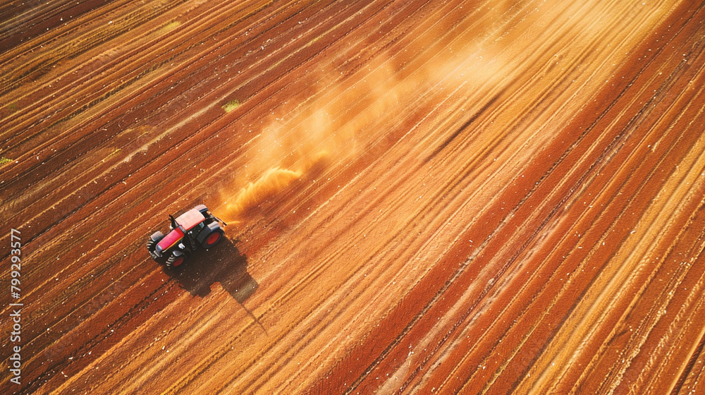 Aerial view of tractor plowing the field with seedbed cultivator